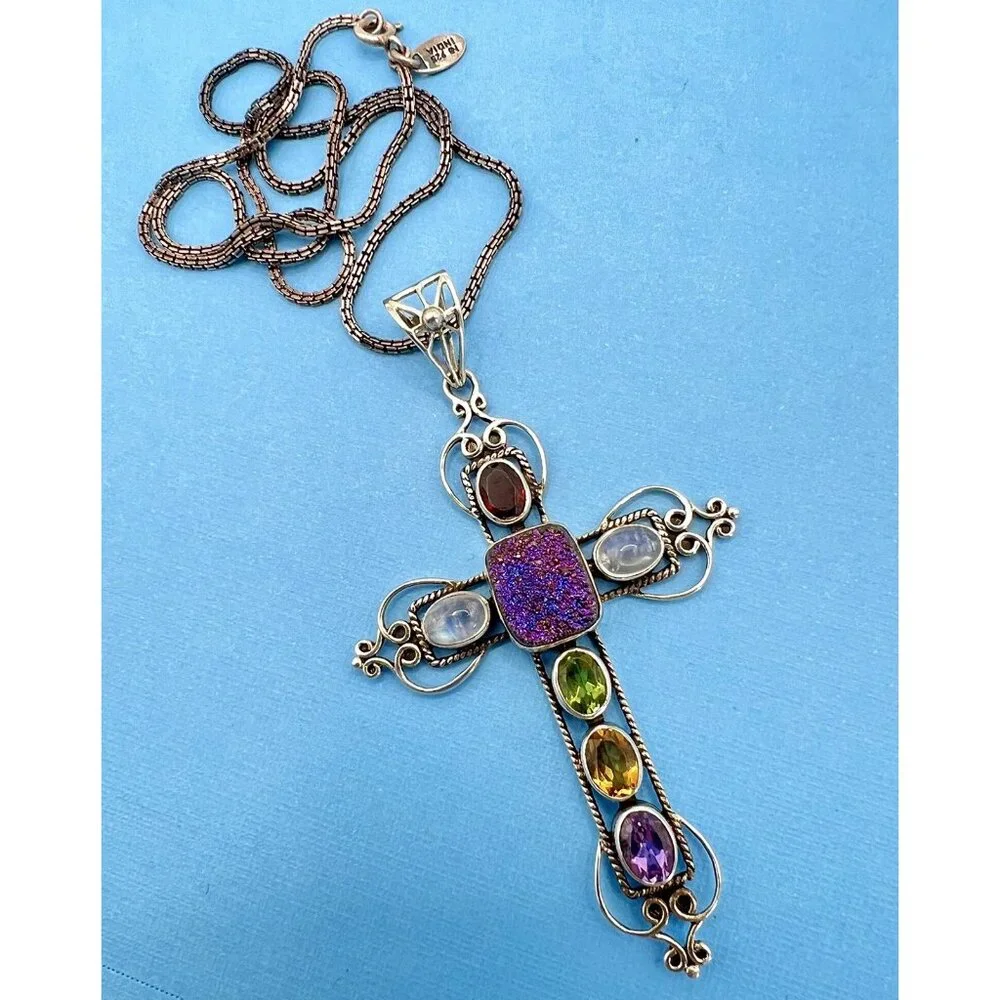 NICKY BUTLER 925 Silver Druzy Gemstone Cross Pendant Necklace - Picture 6 of 15